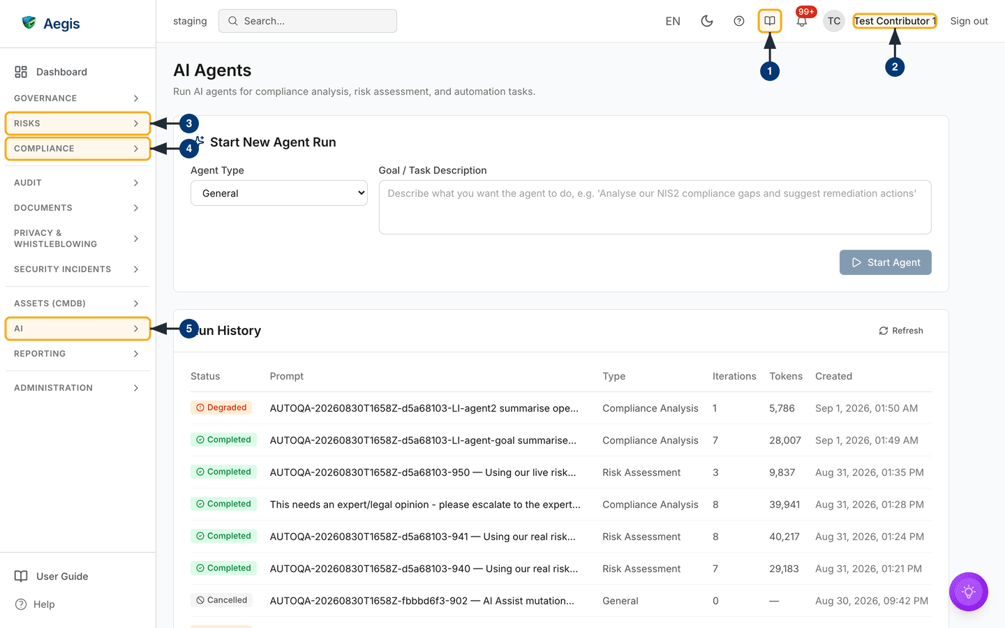 The AI Agents page: the run form above, the run history table below — /ai/agents.